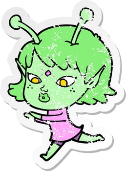 distressed sticker of a pretty cartoon alien girl vector
