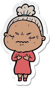 sticker of a cartoon annoyed old lady vector