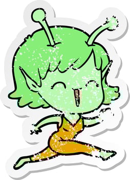 distressed sticker of a cartoon alien girl laughing vector