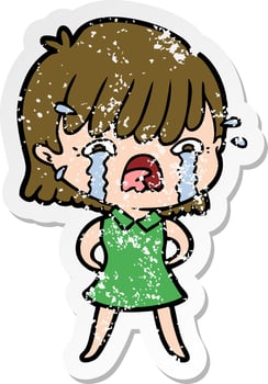 distressed sticker of a cartoon girl crying vector