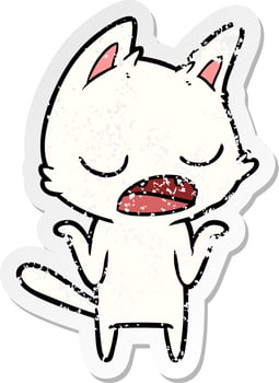 distressed sticker of a talking cat shrugging shoulders vector