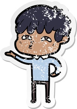 distressed sticker of a cartoon curious man vector