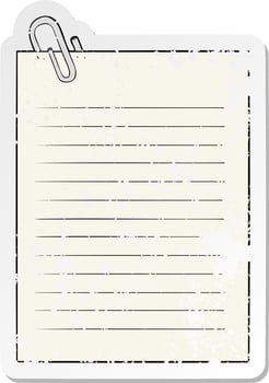 distressed sticker of a cartoon lined paper with paperclip vector