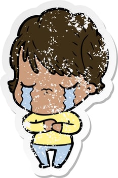 distressed sticker of a cartoon woman crying vector