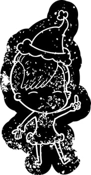 cartoon distressed icon of a squinting girl wearing santa hat vector