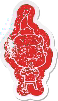 happy cartoon distressed sticker of a man wearing santa hat vector