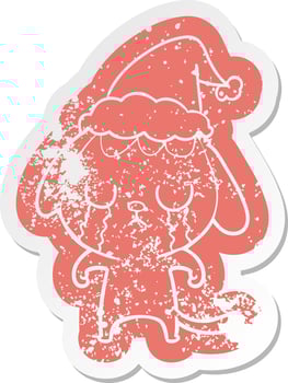 cute cartoon distressed sticker of a dog crying wearing santa hat vector