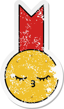 distressed sticker of a cute cartoon gold medal vector