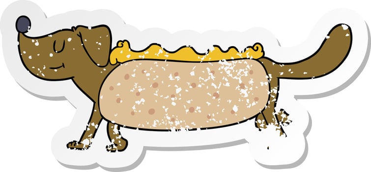 distressed sticker of a cartoon hotdog vector