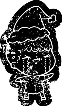 cartoon distressed icon of a man crying wearing santa hat vector