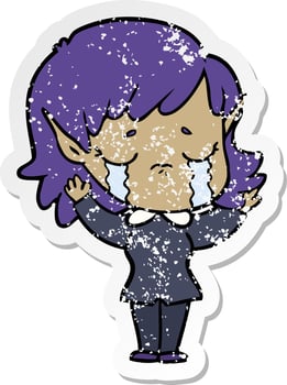 distressed sticker of a cartoon crying elf girl vector