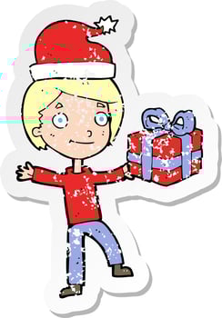 retro distressed sticker of a cartoon boy with present vector