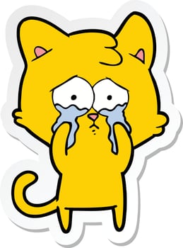 sticker of a cartoon crying cat vector