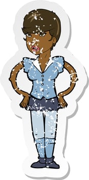 retro distressed sticker of a cartoon woman with hands on hips vector