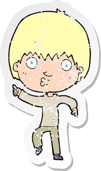 retro distressed sticker of a cartoon impressed boy pointing vector