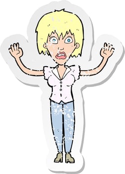 retro distressed sticker of a cartoon woman stressing out vector