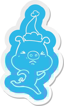 cartoon  sticker of a annoyed pig running wearing santa hat vector