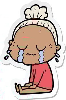 sticker of a cartoon crying old lady vector