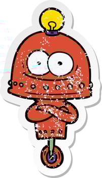 distressed sticker of a happy carton robot with light bulb vector