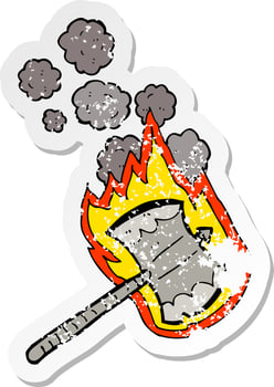 retro distressed sticker of a cartoon flaming axe vector