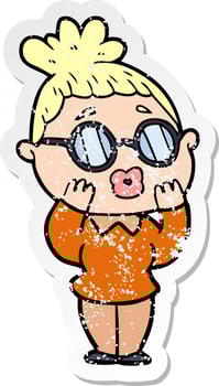 distressed sticker of a cartoon woman wearing spectacles vector