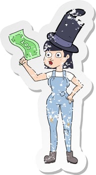 retro distressed sticker of a cartoon woman holding on to money vector