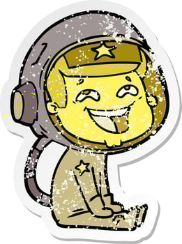 distressed sticker of a cartoon laughing astronaut vector