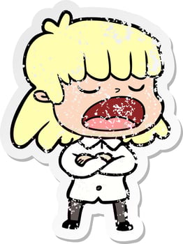 distressed sticker of a cartoon woman talking loudly vector