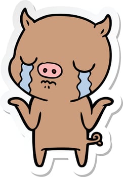 sticker of a cartoon pig crying vector