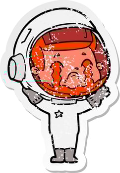 distressed sticker of a cartoon crying astronaut vector