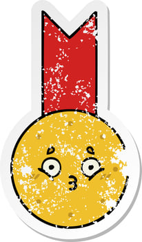 distressed sticker of a cute cartoon gold medal vector