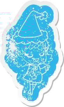 happy cartoon distressed sticker of a elf girl pointing wearing santa hat vector