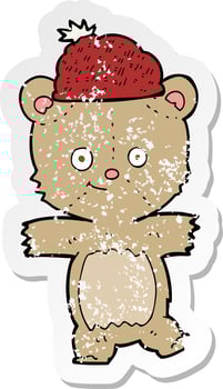 retro distressed sticker of a cartoon bear in hat vector