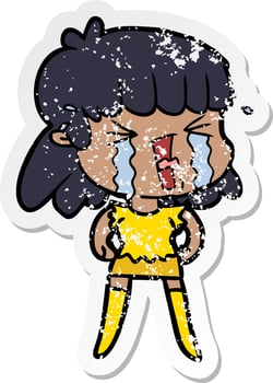 distressed sticker of a cartoon woman crying vector