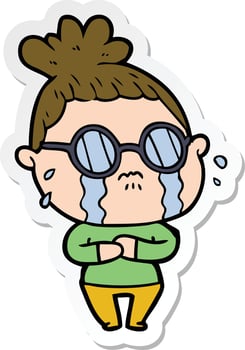 sticker of a cartoon crying woman wearing spectacles vector