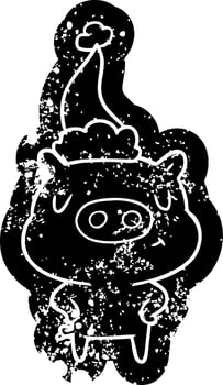 cartoon distressed icon of a content pig wearing santa hat vector