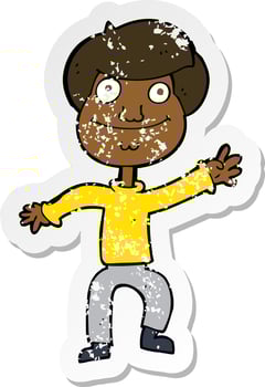 retro distressed sticker of a cartoon happy man waving vector