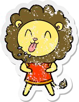 distressed sticker of a happy cartoon lion vector