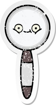 distressed sticker of a cute cartoon magnifying glass vector