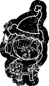 cartoon distressed icon of a happy spacegirl holding moon rock wearing santa hat vector
