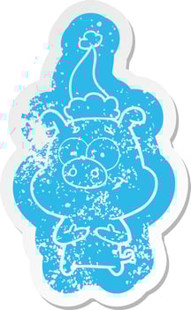 happy cartoon distressed sticker of a pig wearing santa hat vector