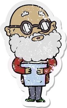 distressed sticker of a cartoon curious man with beard and glasses vector