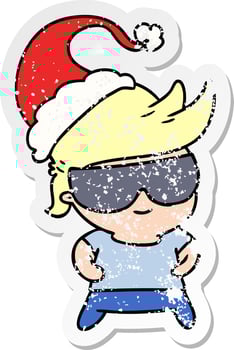 christmas distressed sticker cartoon of kawaii boy vector