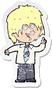 retro distressed sticker of a cartoon school boy with idea vector