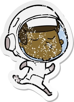 distressed sticker of a cartoon confident astronaut vector