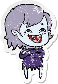 distressed sticker of a cartoon laughing vampire girl vector