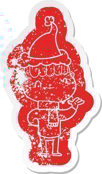 cartoon distressed sticker of a friendly boy wearing santa hat vector