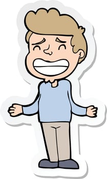 sticker of a cartoon boy shrugging vector