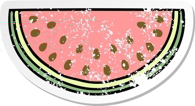 distressed sticker of a quirky hand drawn cartoon watermelon vector