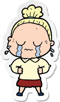 sticker of a cartoon crying old lady vector